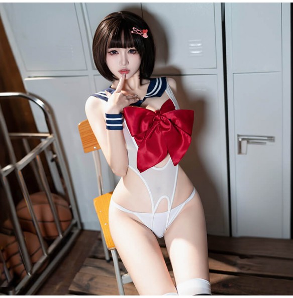 FEE ET MOI - Schoolgirl Style Butterfly Open-Crotch Lingerie Set (Blue - White)